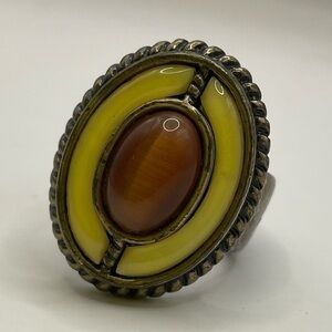 Kiam Family ❤️ Retro 60s 70s Large Burnished Gold, Yellow & Soft Rust Ring, 8